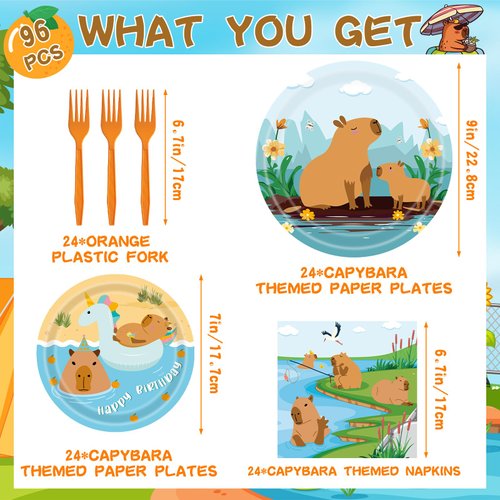 Joybileefun Capybara Birthday Decorations Party Supplies 96PCS Cute Capybara Plates and Napkins Tableware Set Animal Birthday Party Decorations Supplies for Baby Shower Kids Teens Serves 24 Guests