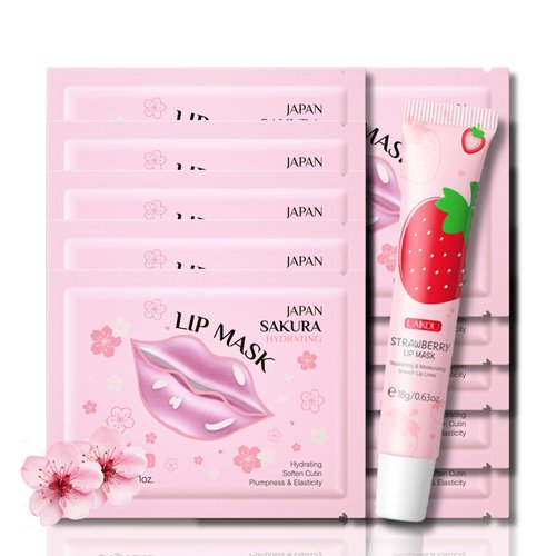Lip Mask Overnight Sakura Gift Set Women Girl - Lip Sleeping Mask Hydrating for Dry Lips - Lip Care Set with 10pcs Lip Sleeping Mask and a Strawberry Lip Mask - Girls Trip Gifts Favors - Travel Size