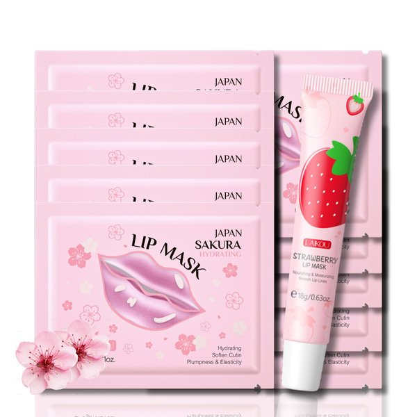 Lip Mask Overnight Sakura Gift Set Women Girl - Lip Sleeping Mask Hydrating for Dry Lips - Lip Care Set with 10pcs Lip Sleeping Mask and a Strawberry Lip Mask - Girls Trip Gifts Favors - Travel Size