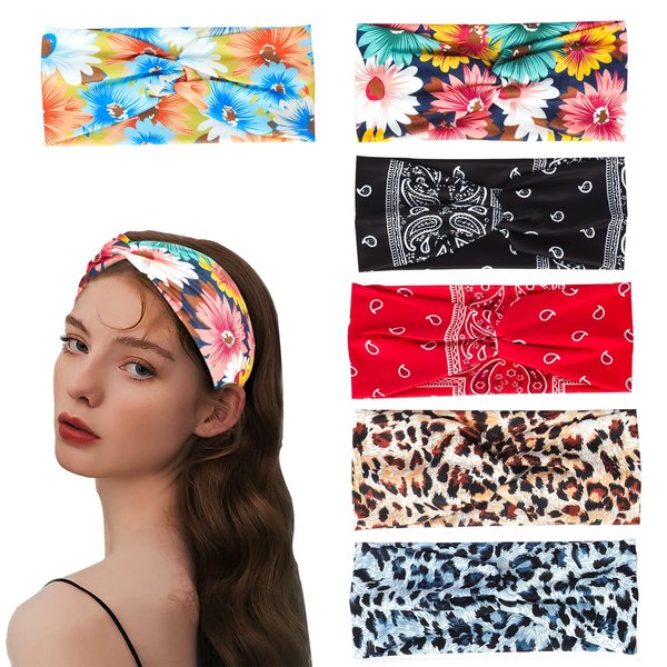 ProChosen 6 Style Fashion Headbands for Women, Stretch Fabric Cotton Boho Headband Non Slip Wide Headwraps Twist Cross Printed Hair Bands for Girls Daily Head Wrap Sports Running Yoga