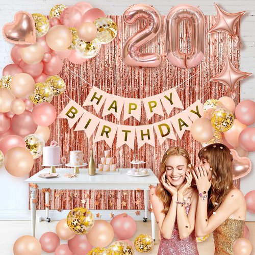 20th Girls Rose Gold Birthday Party Decorations, Rose Gold Happy Birthday Banners, Tassel Curtains, Confetti Balloons, Age Number Foil Balloons, Birthday Cake Decorating Supplies (20)