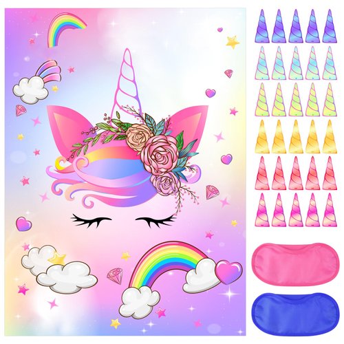 NEBURORA Pin The Horn on The Unicorn with 30 PCS Horns Birthday Party Supplies for Girls Birthday Christmas Party Game for Kids