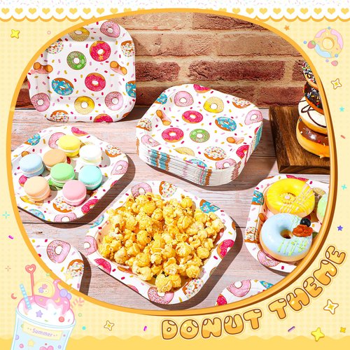 Potchen 100 Pcs Donut Theme Dessert Plates Bulk 7 x 7 Inch Sweet Donut Paper Plates Disposable Square Donut Paper Plates for Birthday Baby Shower Party Decor Supplies