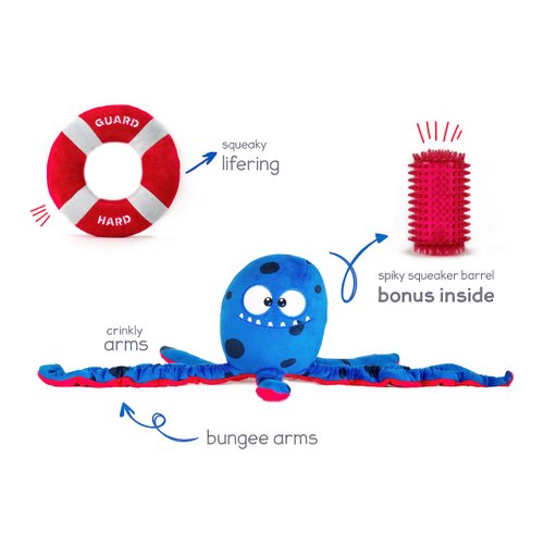 BULLTUG - Octopus Dog Toy Set | 3-in-1 Interactive Fun: Squeaky Plush Octopus with Crinkly Bungee Arms, Durable Life Ring, Hidden Spiky Squeaker | Easy to Clean, Dog Sizes