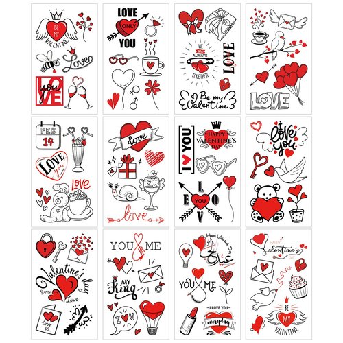 75Pcs Valentine's Day Temporary Tattoos for Women Kids, 12 Sheets Red Black Love Heart Flowers Tattoo Stickers for Body and Items Decoration