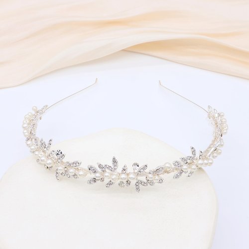 Oriamour Rhinestone Bridal Headband Crystal Hair Band for Women Pearl Wedding Headpieces for Bride Hair Accessories for Prom Birthday Party (Silver)