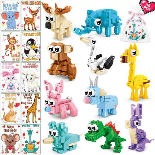 30 Pack Valentines Day Gifts for Kids classroom-building blocks,valentines day cards with Animal Blocks for Boys Girls,Class Valentines Gifts Exchange, Party Favors.Valentines goody bag filler