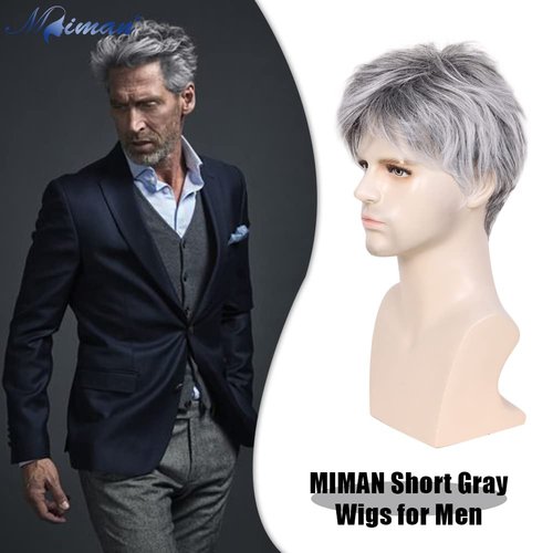 MIMAN Mens Short Grey Wigs for Men Short Straight Wig Layered Natural Synthetic Men's Wig Realistic Hair Replacement Wig Handsome Male Party Cosplay Wig Mens Halloween Costumes Wig with Wig Cap