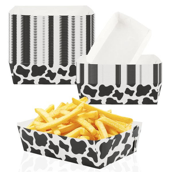 50 Packs Cow Print Paper Food Trays Cow Print Party Supplies Black and White Cow Party Favors Nacho Trays Paperboard Tray Birthday Hot Dog Trays