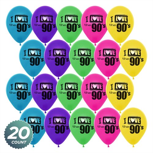 90's Party Supplies - Set of "I Love the 90's" 12 Inch Latex Balloons in Bright Yellow, Blue, Purple, Green, and Pink (20 Pack)