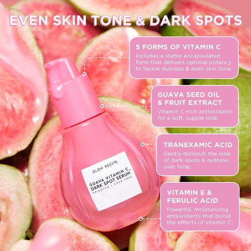 Glow Recipe Guava Vitamin C Face Serum - Dark Spot Korean Brightening Serum for Face with Tranexamic, Ferulic Acid & Vitamin E for Even Tone & Glowing Skin - Stable Vitamin C Skin Care (30ml)