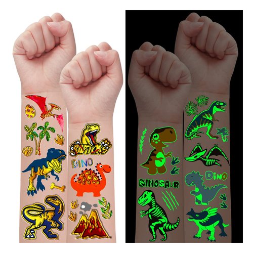 Partywind 20 Sheets (180 Styles) Dinosaur Kids Temporary Tattoos, Dinosaur Party Favors Supplies for Boys Party, Birthday Decorations Toys (Glow + Metallic Glitter Styles)