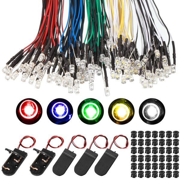 Riakrum 220 Pcs 12V LED Lights Kit, 100 Pcs Emitting Diodes Pre Wired LED Lights Diodes Individual LED Lights with 100 Pcs Plastic LED Holders 20 Pcs Battery Holders (Multicolored,3 mm)