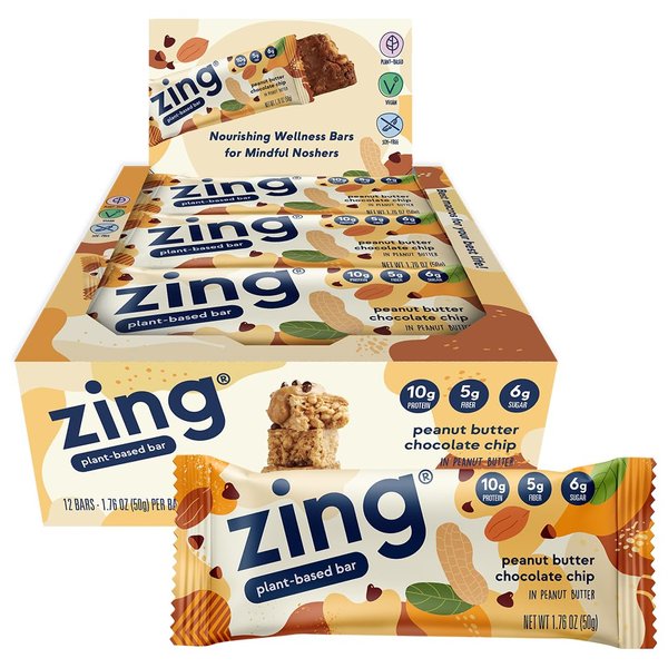 Zing Peanut Butter Chocolate Chip Vegan Protein Bars, Gluten Free with High Protein, High Fiber, Dairy Free Nutrition Bars, Plant Based Protein, Kosher, Low Sugar, No Sugar Alcohols - 12 count