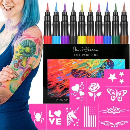 Jim&Gloria Temporary Tattoo Markers for Skin Fake Tattoo Pens Washable Face Paint Body Painting Kit Stencils Art Gift for Girls Boys Adults Teen Trendy Stuff, Trending Gifts For Tweens Teenage or Kids