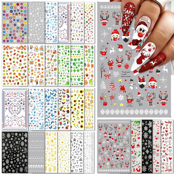 IDDFEVE 30 Sheets All Holiday Nail Art Stickers, Variety Pack Seasonal Nail Decals, Self-Adhesive Colorful Design for Daisy Flowers Butterflies Star Halloween Christmas