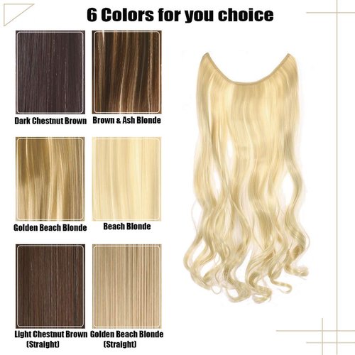 Aceorna Halo Hair Extension Curly Wave Cilp in Hair Extension Straight Hairpiece Hidden Wire Crown Headband Synbthetic Elastic Long Hair Extensions for Women and Girls(Beach Blonde)