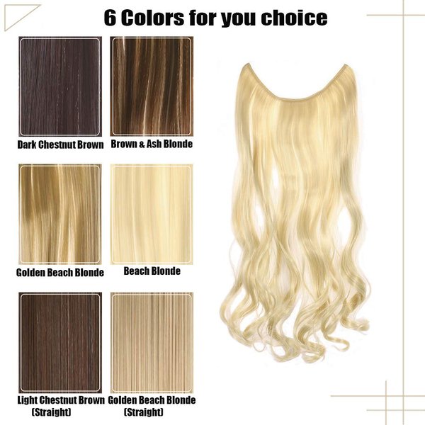 Aceorna Halo Hair Extension Curly Wave Cilp in Hair Extension Straight Hairpiece Hidden Wire Crown Headband Synbthetic Elastic Long Hair Extensions for Women and Girls(Beach Blonde)