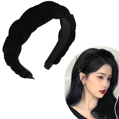 Black Velvet Braided Headbands for Women Padded Wide Hair Bands Braid Headband for Women Girls Non Slip Thick Braided Head Bands Chunky Puffy Hair Hoop Band Braids Headband