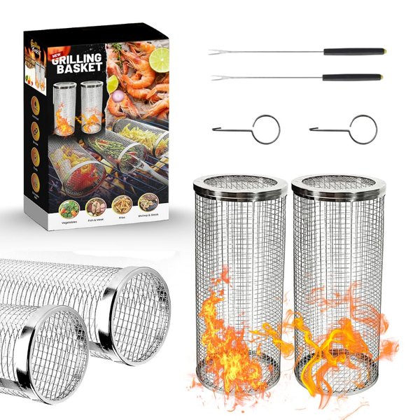 2PCs Upgraded Grill Basket, Rolling Grilling Basket set-grill accessories for outdoor grill-for Veggies, Fish and More!! Durable and Versatile bbq grill accessories (3.74"x3.74x11.8")