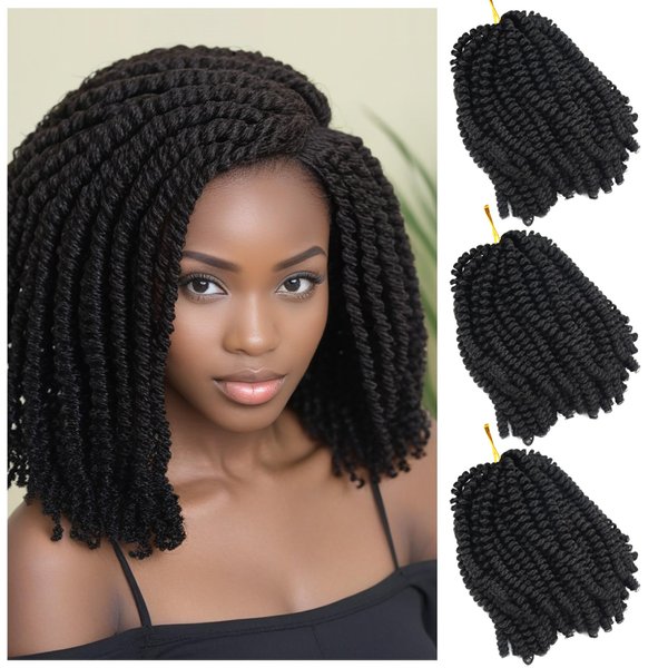 3 Pack Spring Twist Crochet Hair 8 Inch Braiding Hair Low Temperature Fiber Synthetic Hair Extensions (1B#)