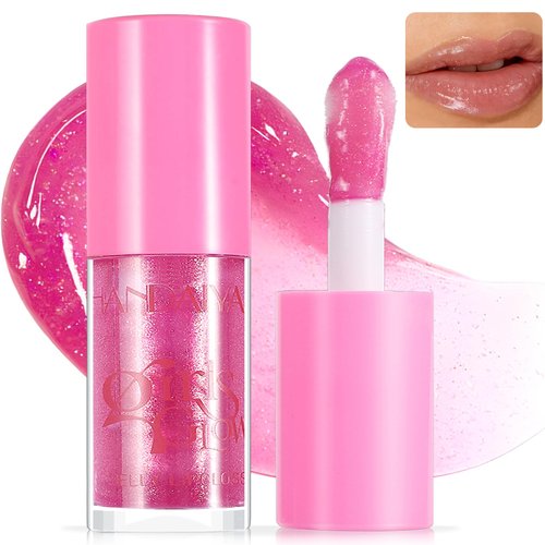 Wugbc Jelly Lip Oil Gloss, Big Brush Juicy Lips Glow Oil Mask Makeup, Moisturizing Tinted High Shine Nourishing Plumping Hydrating Dry Lip Balm Care, Non-Sticky All day for Women, Raspberry