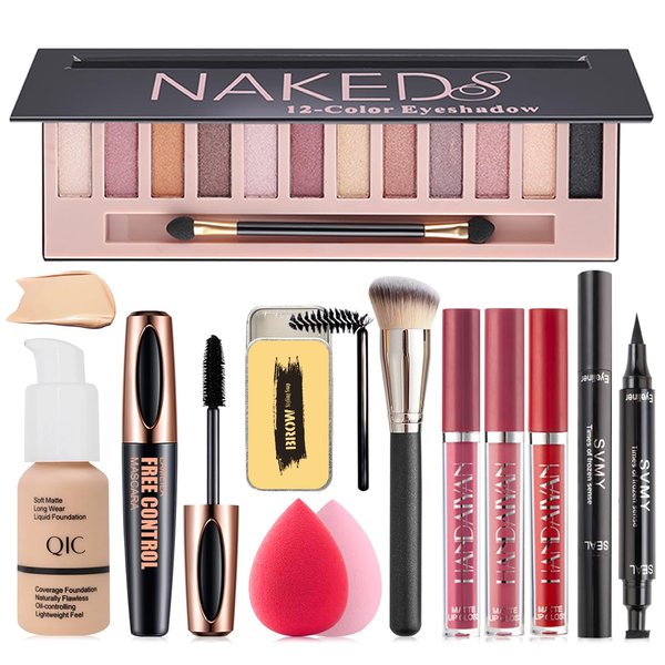 All in One Makeup Kit, 12 Colors Eyeshadow Palette, Nude Foundation, Lipstick Set, Eyebrow Soap, Eyeliner Stamp, Waterproof Mascara, Makeup Brush, Makeup Sponge, Gift Set for Women, Girls & Teens