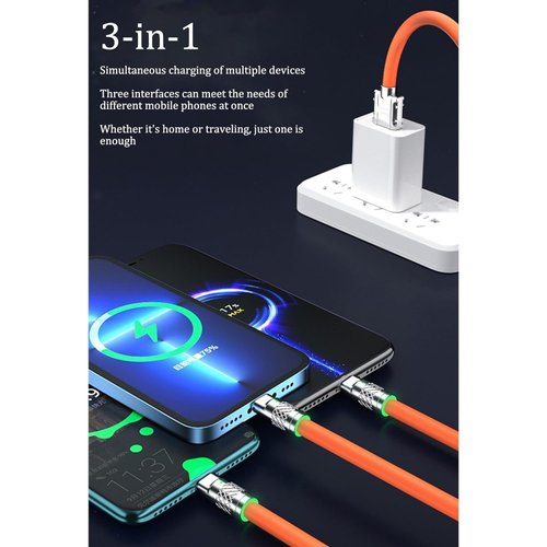 Seadiquiet Orange 3 in 1 Multi USB Cable 100W Multi Charger Cable Fast Charging Cable Fast and Stable Charging to Various Mobile Phones with Type-C/Android/Charging Ports(2m/78.7inch)