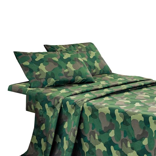 WPM Kids Collection Bedding 3 Piece Military Green Twin Size Sheet Set with Flat Fitted Sheets Pillow sham Camouflage Army Design (Camouflage Military, Twin Sheet Set)