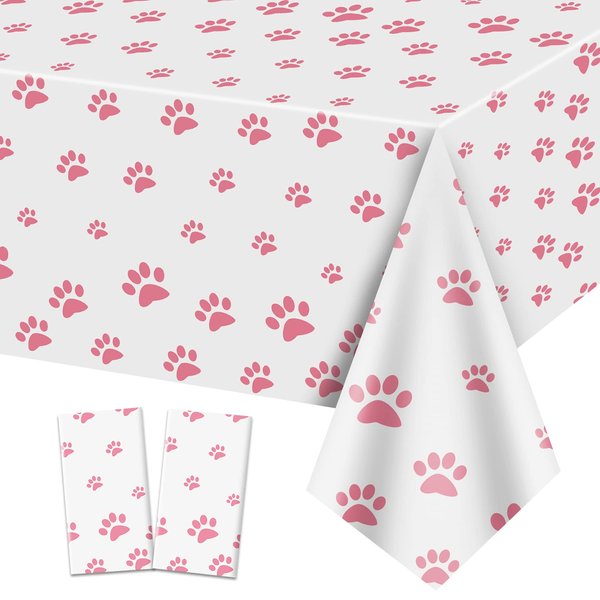 2 Pack Puppy Paw Print Tablecloth, 51x87'' Pink Plastic Disposable Table Cover for Pet Themed Party Decorations for Cat Dog Birthday Party Supplies Lets Pawty Party Supplies Pet Shower Party Decor