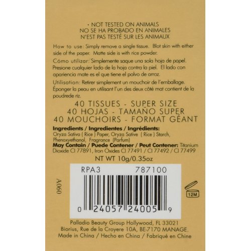 Palladio Rice Paper Facial Tissues for Oily Skin, Face Blotting Sheets Made from Natural Rice, Oil Absorbing Paper with Rice Powder, 2 Sided, Instant Results, Natural, 40 Count, Pack of 1
