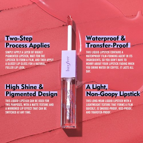bayfree Long Lasting Liquid Lipstick with Clear Lip Gloss Set, High Pigment and Shine Lip Stain, Waterproof, Kiss-Proof, Up to 24H Wear, 0.1 Fl oz (Radiantly Rose)