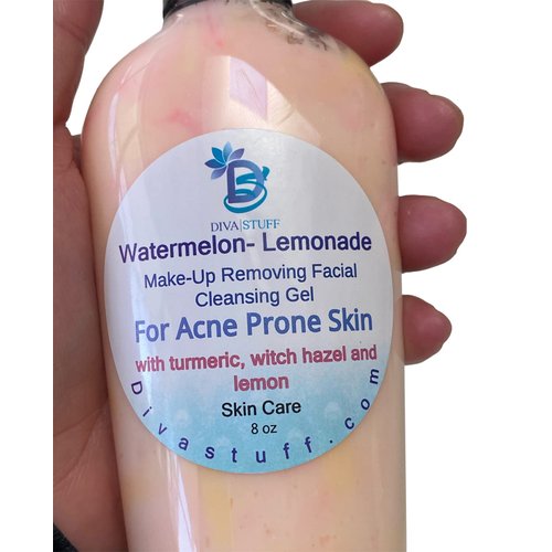 Watermelon Lemonade Make Up Removing Facial Cleansing Gel For Acne Prone Skin, With Turmeric, Watermelon Extract and Lactic Acid, 8 oz Bottle, By Diva Stuff