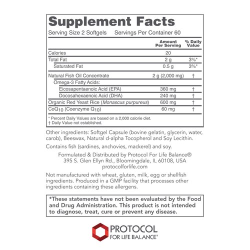 Protocol Cardio Tri-Plex - Heart Health Formula* - with Red Yeast Rice, CoQ10 & Omega-3 Fish Oil - DHA Dietary Supplements