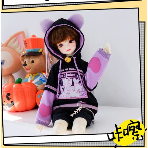 New 1/6, 1/4,1/3 BJD Doll Clothes Cute Cat Sweater Hoodie Jacket for Big 1/6, Yosd, 30cm/45cm/60cm Dolls Clothing BJD SD Doll Accessories (Black-Purple,1/4)