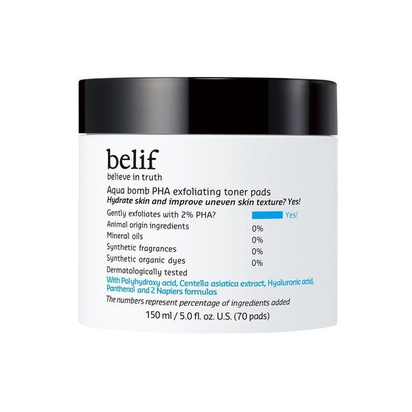 belif Aqua Bomb PHA Exfoliating Toner Pads: 2% PHA, Centella, HA Exfoliation & Hydration Toner Pads, Lightweight, Good for Dryness, Uneven Texture, Pores, Dullness, Oiliness, Korean Skin Care