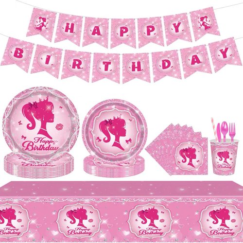 194 Pcs GalaHub Pink Party Supplies for 24 Guests - Complete Set with Plates Napkins Cups Straws Tablecloth Dinnerware and Banner | Ideal for Girls' Birthday Party Decorations