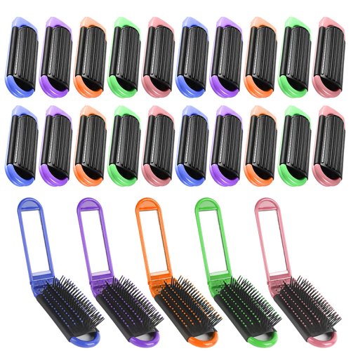 Merkaunis 20 Pcs Travel Hair Brush Portable Folding Hair Brush with Mirror Mini Compact Hair Comb Collapsible Pocket Brush Colorful Travel Brush for Women Men Kids