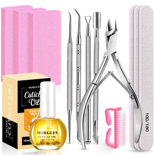 Nail File and Buffer with Cuticle Kit, MORGLES 3pcs Nail Files with 2pcs Nail Buffer Blocks, 5pcs Cuticle Trimmer Set, Milk and Honey Nail Cuticle Oil, Nail Care Kit for Women