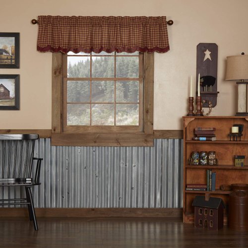 VHC Brands Burgundy Check Primitive 16"x72" Valance Red Rod Pocket Cotton Kitchen Window Curtains