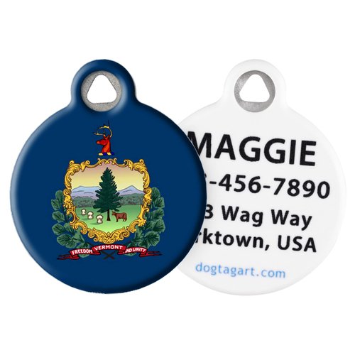 Dog Tag Art Vermont Flag Personalized Pet ID Tag for Dogs and Cats, Silent Polymer Coated Stainless Steel Vermonter Flag Nametag with Customized Identification Information - Small .875" Diameter