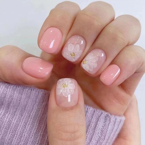 24 Pcs Nude Pink Press on Nails Short Square - SHANRUN Cute Fake Nails Press ons Spring Glossy Na...