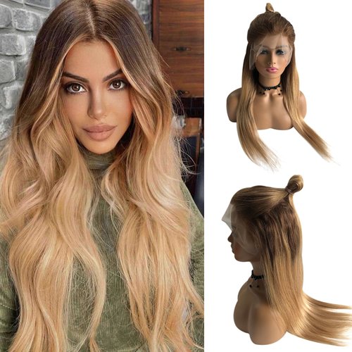 Ombre Highlight Lace Front Wig Human Hair 13x6 HD Ombre Medium Brown to Honey Blonde Straight Lace Front Wigs Human Hair Brown Transparent Lace Frontal Wigs Pre Plucked HD Lace Frontal Wig for Women…