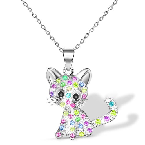 CANIPHA Cat Pendant Necklace for Girls Kids,Small Cute Kitty Rainbow Rhinestone Pendant Necklace Jewelry for Women Teen Girls 10-12,Crystal Choker Friendship Daughter Loved Gifts 18+2 inch Long Chain