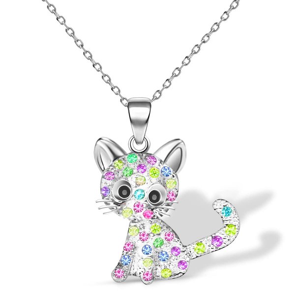 CANIPHA Cat Pendant Necklace for Girls Kids,Small Cute Kitty Rainbow Rhinestone Pendant Necklace Jewelry for Women Teen Girls 10-12,Crystal Choker Friendship Daughter Loved Gifts 18+2 inch Long Chain
