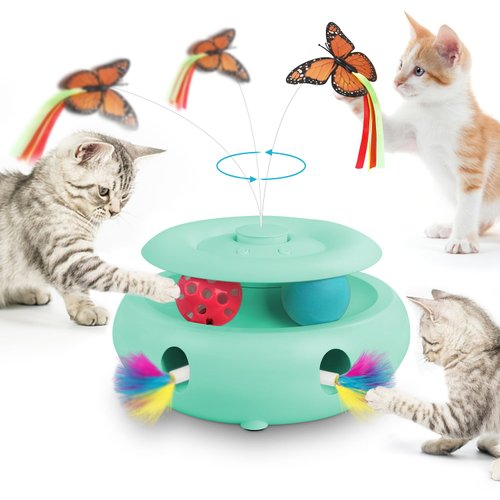 INKZOO Interactive Cat Toy Automatic Cat Toys for Indoor Cats, 3-in-1 Electric Cat Toy USB Rechargeable, Ambush Feather, Fluttering Butterfly, Track Balls Kitten Toy Cat Exercise Toys (Tiffany Blue)