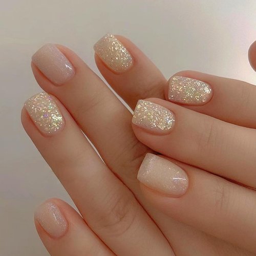 Short Press on Nails Nude Pink Fake Nails Gold Glitter False Nails with Designs Full Cover Artificial Nails Square Shape Acrylic Nails Glossy Stick on Nails Cute Glue on Nails for Women Girls Manicure