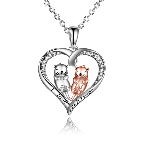 YAFEINI Otter Necklace Sterling Silver Sea Otters Heart Pendant Necklace Otter Jewelry Gift for Women Otter Lovers Gifts