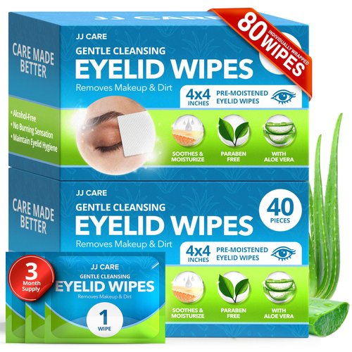 JJ CARE Eyelid Cleaning Wipes 80 PCs, Individually Wrapped Eye Lid Scrubbing Wipes, Moisturizing Eye Wipes for Irritated, Itchy, and Dry Eyes, Hypoallergenic Eye Scrub Cleaning Pads