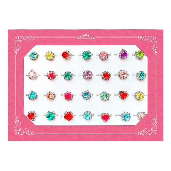 ELEMIRSA Little Girl Jewel Rings Rhinestone Rings in Gift Box, Girl Princess Pretend Play and Dress Up Rings, Girl Birthday Gifts Toy Rings for Toddlers, 28pcs